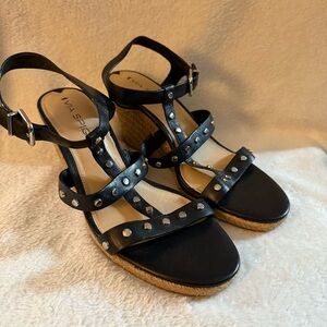 Via spiga Black Wedges with Silver Studs Straps Buckle Women’s Size 8M